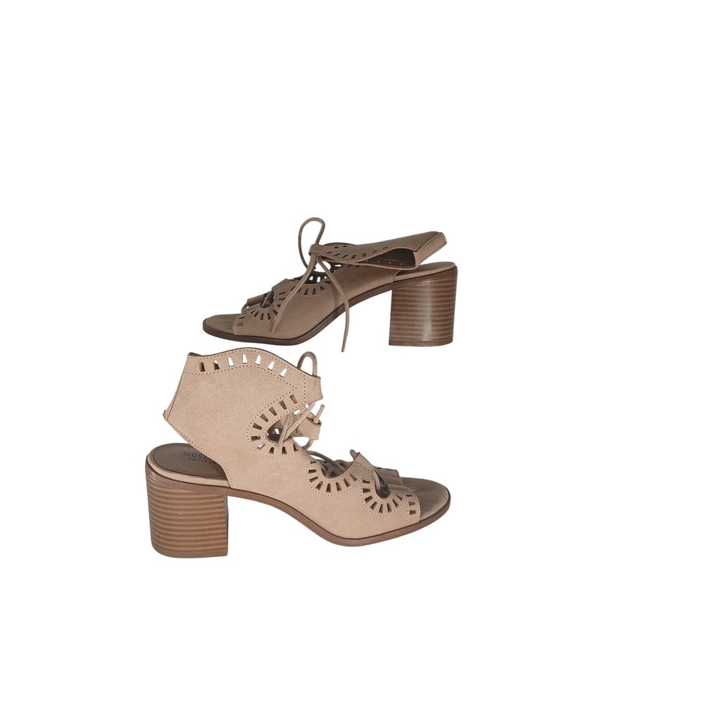 Mossimo Supply Co. Block Heel Sandals 7.5 Tan Boho Laser Cut Lace Up 12A12